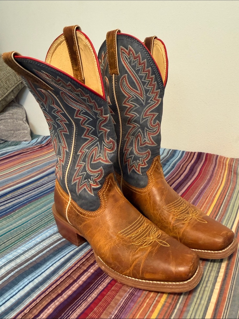 Justin Boots Two-Tone Brown Foot with Blue Embroidered Shaft Cowboy Boots